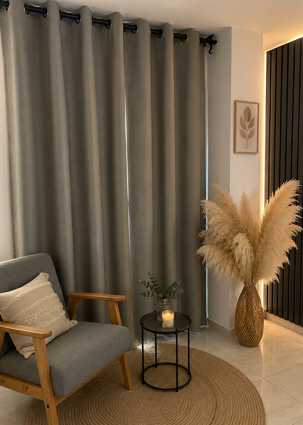 Cortina black out color gris moderno con acabado elegante y minimalista. Perfecta para salas, habitaciones y espacios contemporáneos que buscan confort y control de luz.
